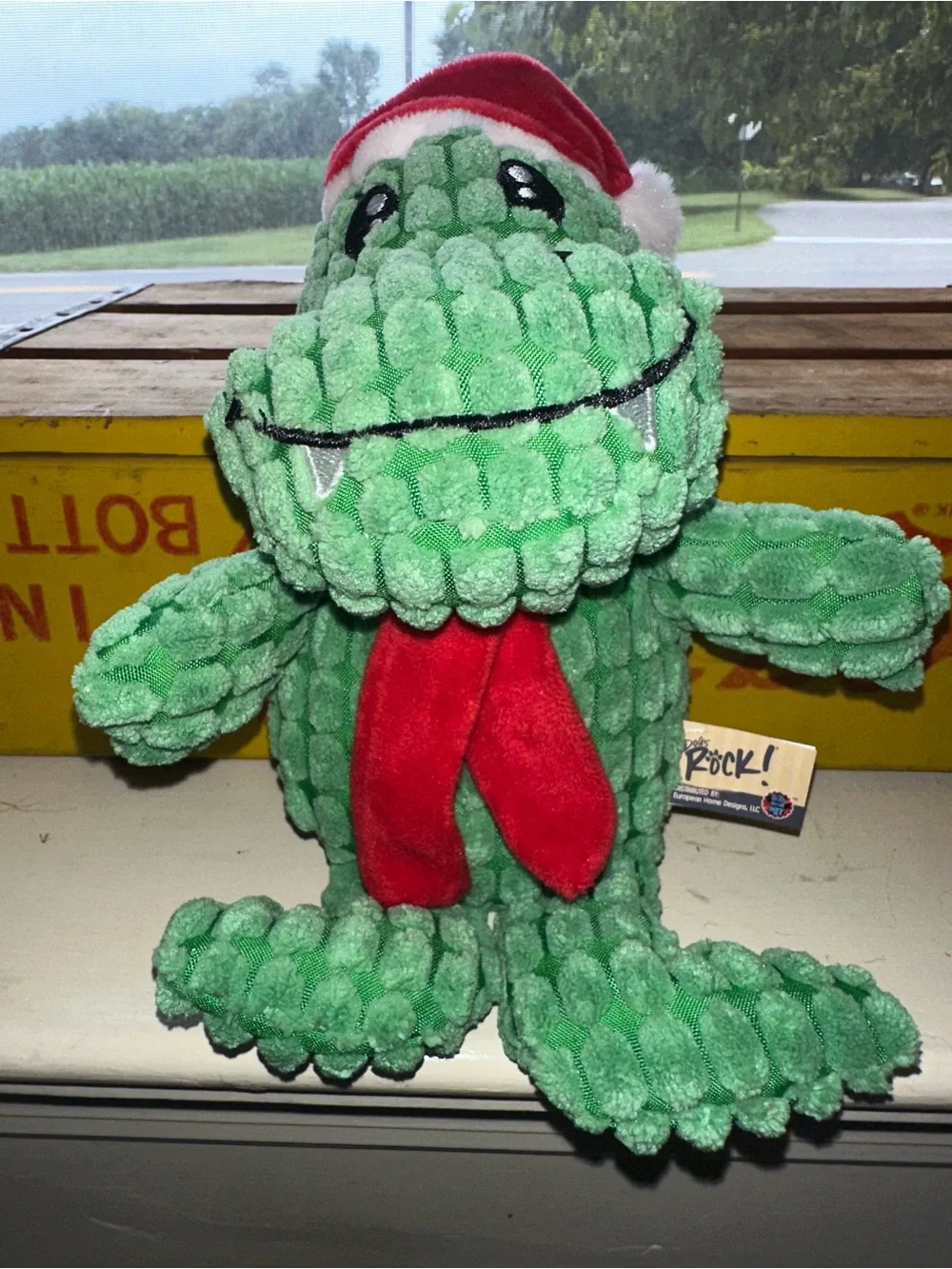 Green Plush Alligator Dog Toy with Red Santa Hat - Soft Chew Toy